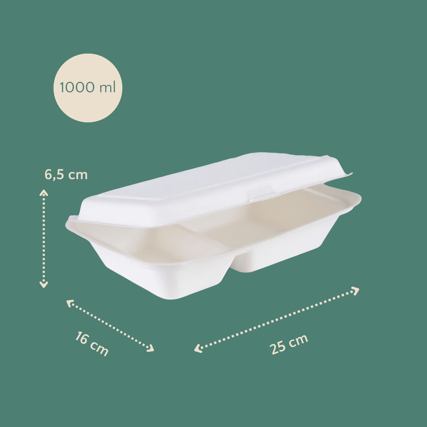 Honest Pack Clamshell Container from Sugarcane Fibre, 2 Compartment, 25 x 16 x 6.5 cm, 1000 ml