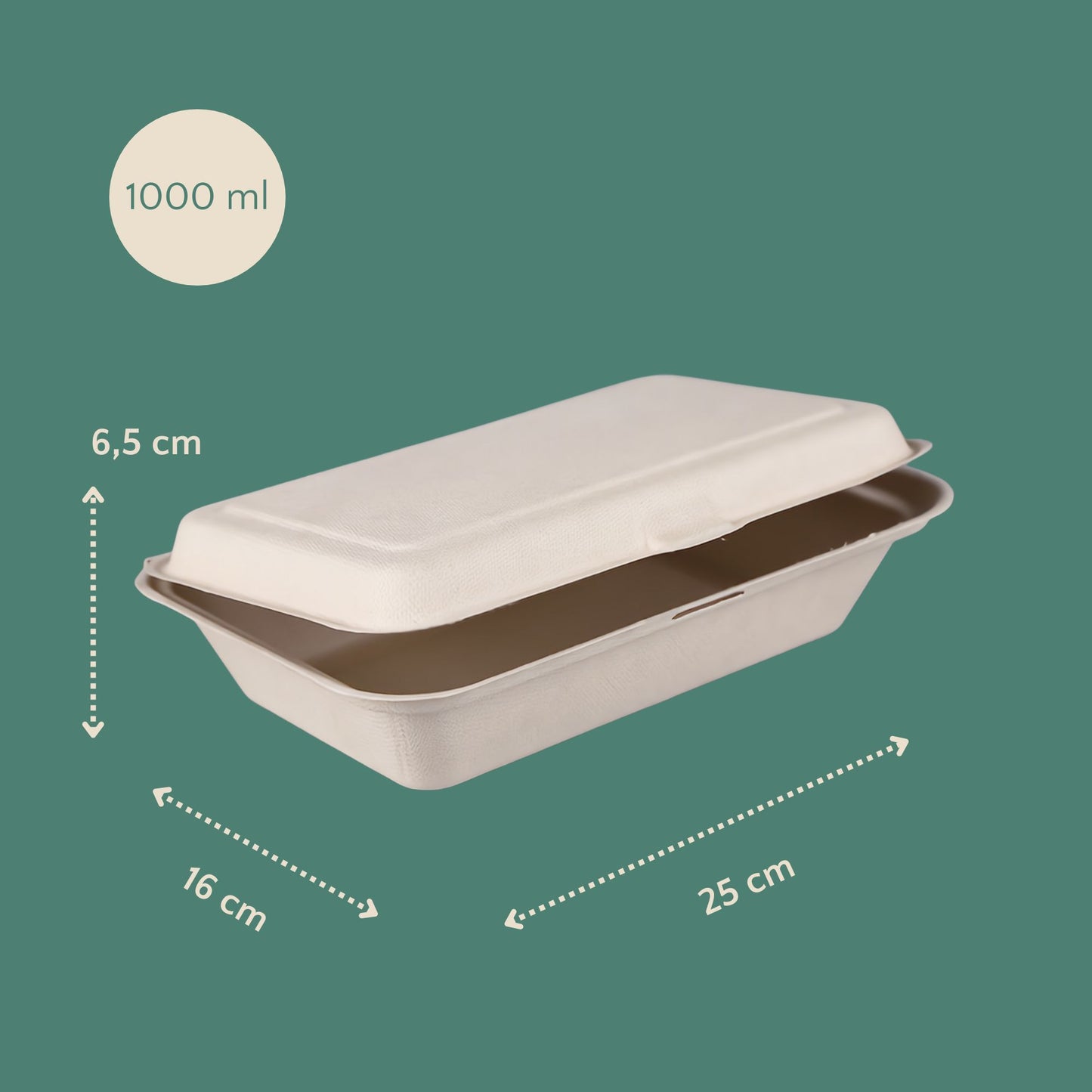 Honest Pack Clamshell Container from Sugarcane Fibre, 25 x 16 x 6.5 cm, 1000 ml