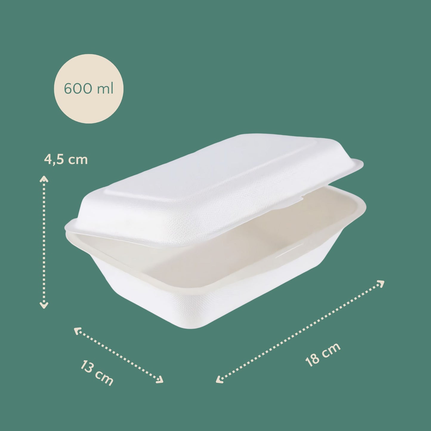 Honest Pack Clamshell Container from Sugarcane Fibre, 18 x 13 x 4.5 cm, 600 ml